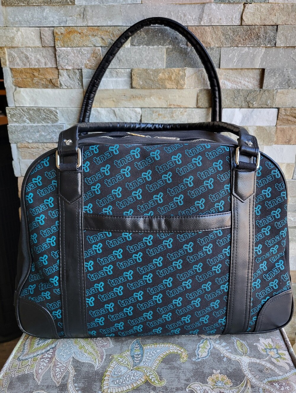 TNA Aritzia Canvas Tote – Black & Teal Monogram Print